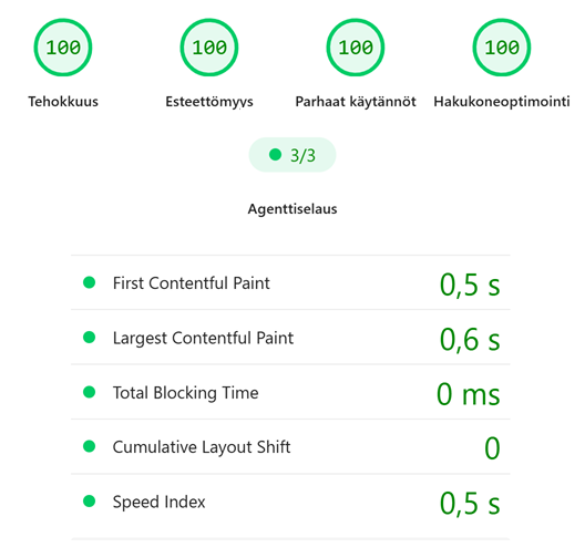PageSpeed tulokset sivuiltani